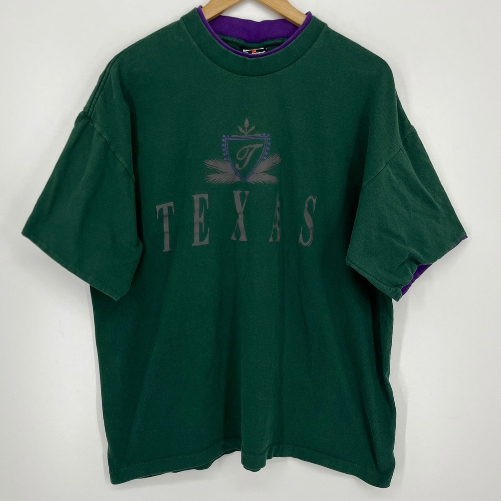 Vintage Signal Sports Texas Double Collar T-Shirt Green Purple Mens XL USA Made